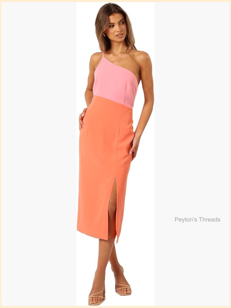 One Shoulder Midi Dress With Side Split And Gathered Waist